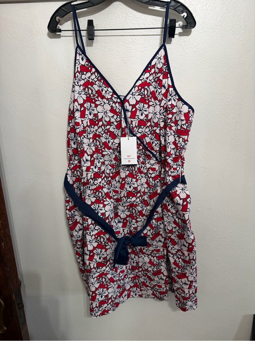 Vineyard Vines Red & White Floral Slip Dress with Navy Trim
